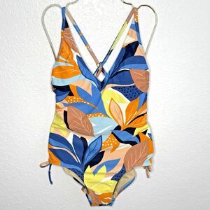 Kona Sol Twist Front Floral Print Shirred Med Coverage One Piece Swimsuit NEW!